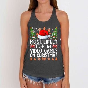 Most Likely To Play Video Games On Christmas Shirts For Family Women's Knotted Racerback Tank