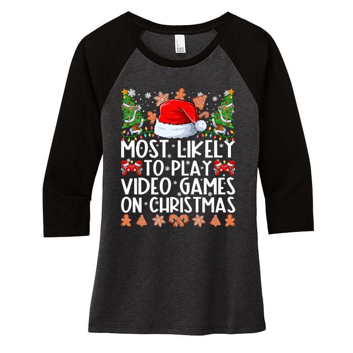 Most Likely To Play Video Games On Christmas Shirts For Family Women's Tri-Blend 3/4-Sleeve Raglan Shirt