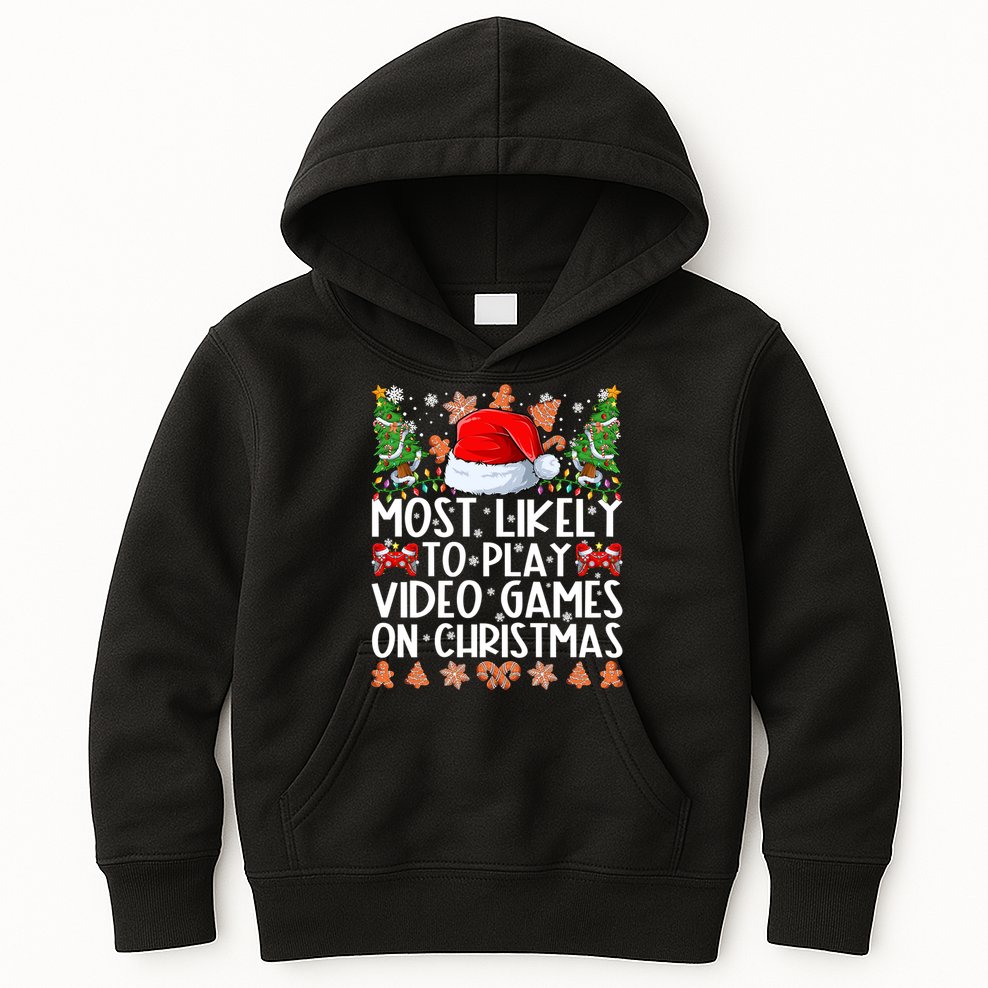Most Likely To Play Video Games On Christmas Shirts For Family Kids Hoodie
