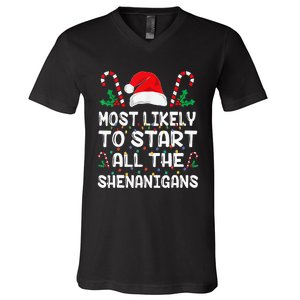 Most Likely To Start All The Shenanigans Christmas Family V-Neck T-Shirt