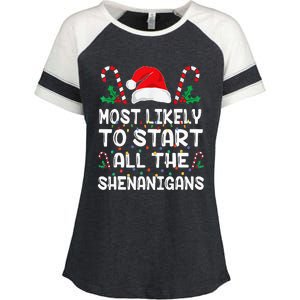 Most Likely To Start All The Shenanigans Christmas Family Enza Ladies Jersey Colorblock Tee