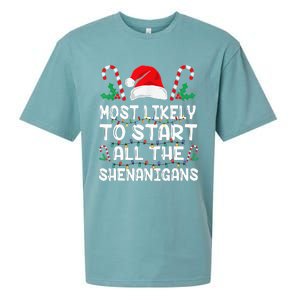 Most Likely To Start All The Shenanigans Christmas Family Sueded Cloud Jersey T-Shirt