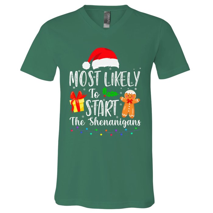 Most Likely To Start The Shenanigans Funny Family Christmas V-Neck T-Shirt