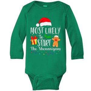 Most Likely To Start The Shenanigans Funny Family Christmas Baby Long Sleeve Bodysuit