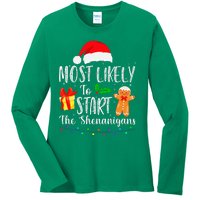 Most Likely To Start The Shenanigans Funny Family Christmas Ladies Long Sleeve Shirt