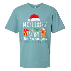 Most Likely To Start The Shenanigans Funny Family Christmas Sueded Cloud Jersey T-Shirt