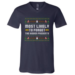 Most Likely To Forget The Hidden Presents Christmas Family V-Neck T-Shirt