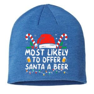 Most Likely To Offer Santa A Beer Funny Drinking Christmas Sustainable Beanie