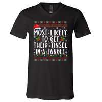 Most Likely To Get Their Tinsel In A Tangle Christmas Lights V-Neck T-Shirt