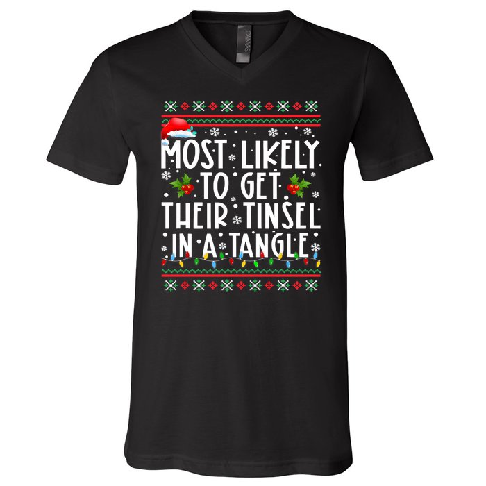 Most Likely To Get Their Tinsel In A Tangle Christmas Lights V-Neck T-Shirt