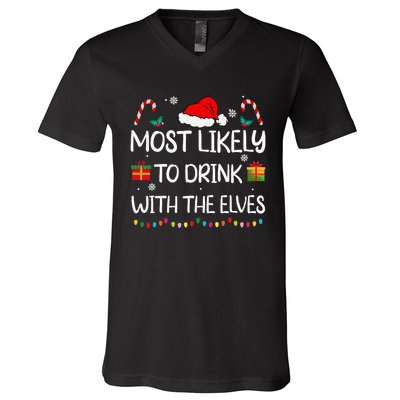 Most Likely To Drink With The Elves Elf Family Christmas V-Neck T-Shirt