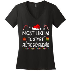 Most Likely To Start All The Shenanigans Family Christmas Women's V-Neck T-Shirt