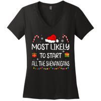 Most Likely To Start All The Shenanigans Family Christmas Women's V-Neck T-Shirt