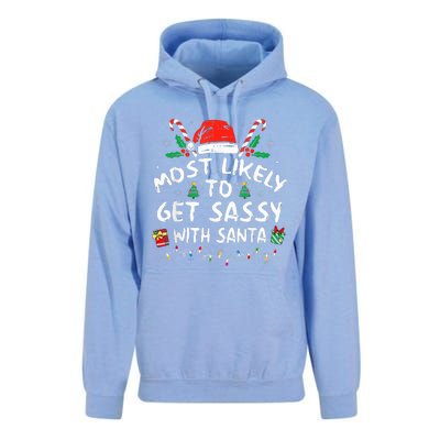 Most Likely To Get Sassy with Santa Funny Family Christmas  Unisex Surf Hoodie