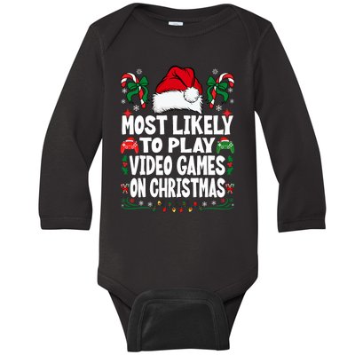 Most Likely To Play Video Games On Christmas Family Matching Baby Long Sleeve Bodysuit