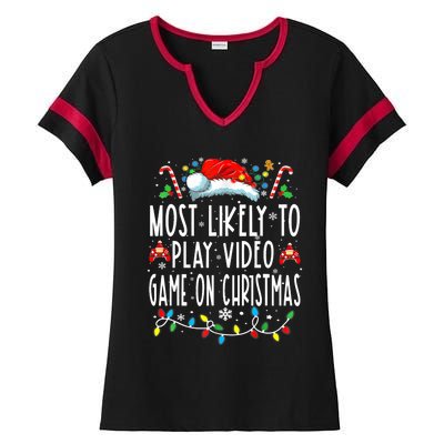 Most Likely To Play Video Games On Christmas Gamer Lovers Ladies Halftime Notch Neck Tee