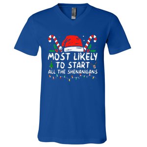 Most Likely To Start All The Shenanigans Family Xmas Holiday V-Neck T-Shirt