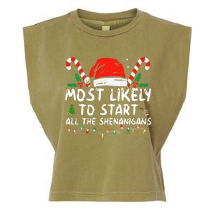 Most Likely To Start All The Shenanigans Family Xmas Holiday Garment-Dyed Women's Muscle Tee