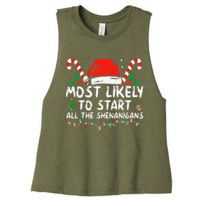 Most Likely To Start All The Shenanigans Family Xmas Holiday Women's Racerback Cropped Tank