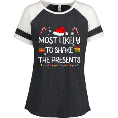 Most Likely To Shake The Presents family xmas matching  Enza Ladies Jersey Colorblock Tee