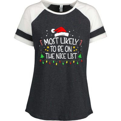 Most Likely To Be On The Nice List Funny Family Christmas Enza Ladies Jersey Colorblock Tee