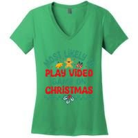 Most Likely To Play Video Game On Christmas Pajamas Women's V-Neck T-Shirt