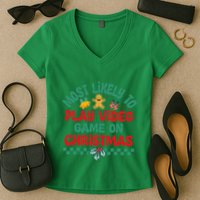 Most Likely To Play Video Game On Christmas Pajamas Women's V-Neck T-Shirt