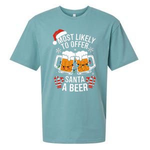 Most Likely To Offer Santa A Beer Christmas Drinking Sueded Cloud Jersey T-Shirt