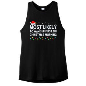 Most Likely to Wake Up First on Christmas Morning Xmas Light  Ladies PosiCharge Tri-Blend Wicking Tank