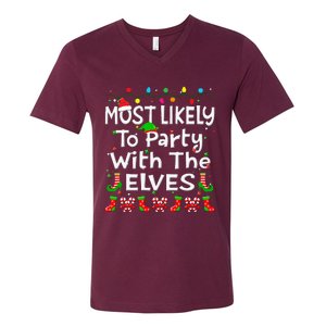 Most Likely To Party With The Elves Christmas Family Funny V-Neck T-Shirt