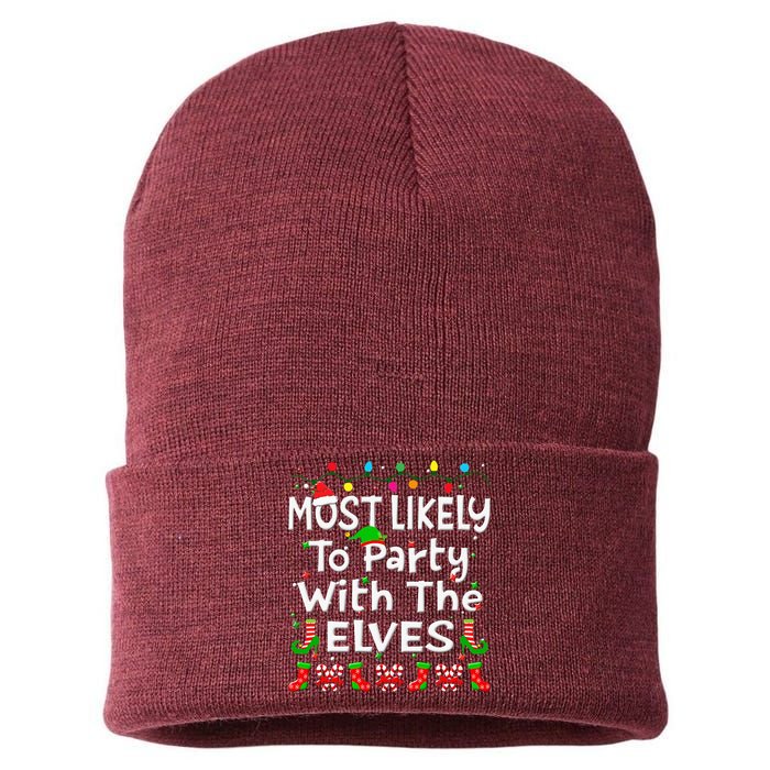 Most Likely To Party With The Elves Christmas Family Funny Sustainable Knit Beanie