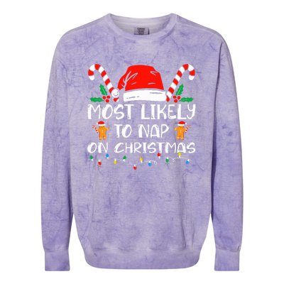 Most Likely To Nap On Christmas Funny Family Christmas Colorblast Crewneck Sweatshirt