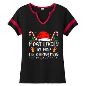 Most Likely To Nap On Christmas Funny Family Christmas Ladies Halftime Notch Neck Tee