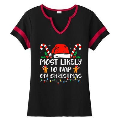 Most Likely To Nap On Christmas Funny Family Christmas Ladies Halftime Notch Neck Tee