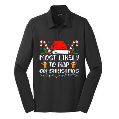 Most Likely To Nap On Christmas Funny Family Christmas Silk Touch Performance Long Sleeve Polo