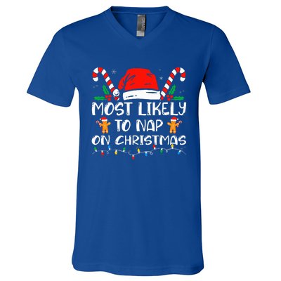 Most Likely To Nap On Christmas Funny Family Christmas V-Neck T-Shirt