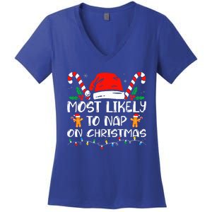 Most Likely To Nap On Christmas Funny Family Christmas Women's V-Neck T-Shirt