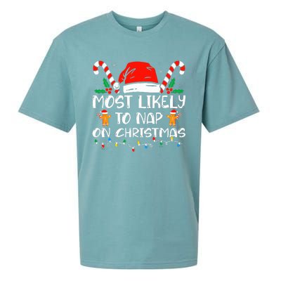 Most Likely To Nap On Christmas Funny Family Christmas Sueded Cloud Jersey T-Shirt