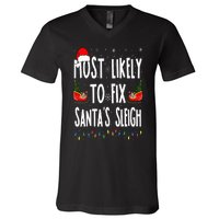 Most Likely to Fix Santa Sleigh Family Matching Christmas V-Neck T-Shirt