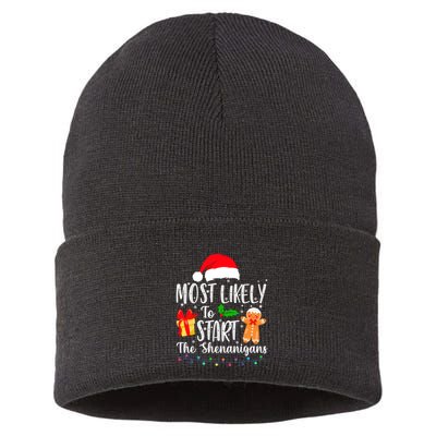 Most Likely To Start The Shenanigans Christmas Funny Sustainable Knit Beanie