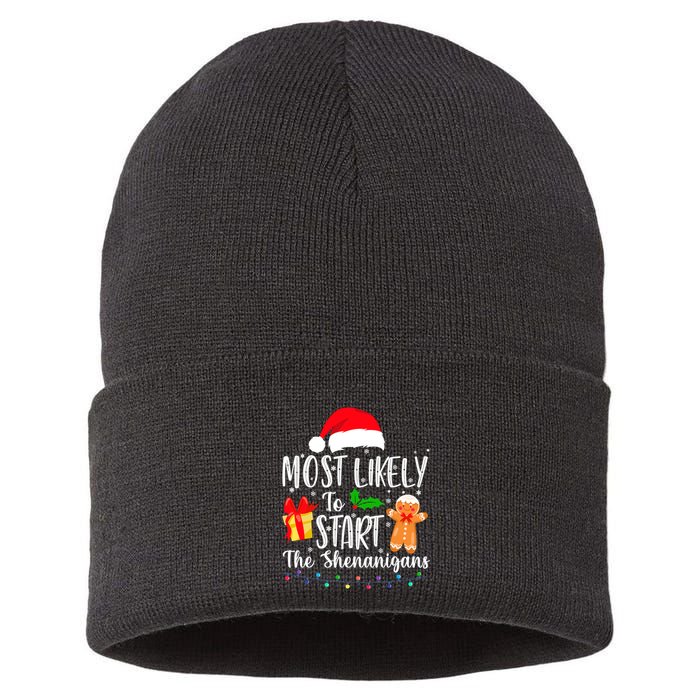 Most Likely To Start The Shenanigans Christmas Funny Sustainable Knit Beanie