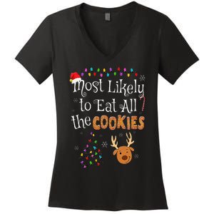 Most Likely To Eat All the Cookies Funny Christmas Women's V-Neck T-Shirt