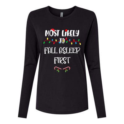 Most Likely To Fall Asleep First Christmas Shirts For Family Womens Cotton Relaxed Long Sleeve T-Shirt