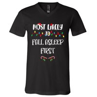 Most Likely To Fall Asleep First Christmas Shirts For Family V-Neck T-Shirt