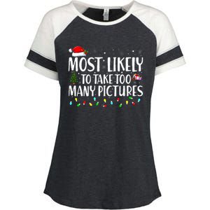 Most Likely To Take Too Many Pictures Funny Christmas Enza Ladies Jersey Colorblock Tee