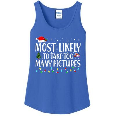 Most Likely To Take Too Many Pictures Funny Christmas Ladies Essential Tank