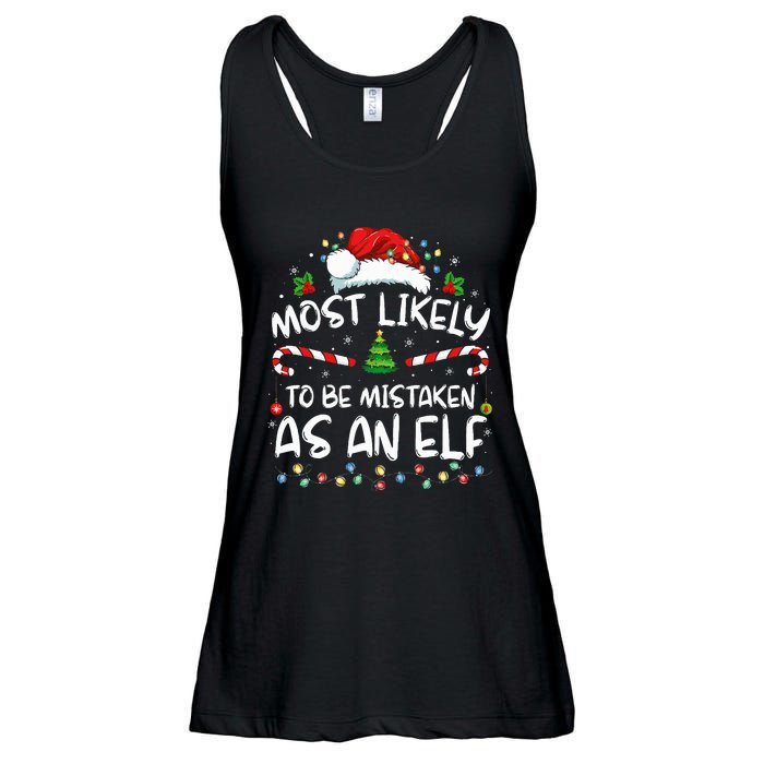 Most Likely To Be Mistaken As An Elf Funny Family Christmas Ladies Essential Flowy Tank