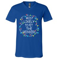 Most Likely To Pet The Reindeer Christmas Tree Xmas Lights Gift V-Neck T-Shirt