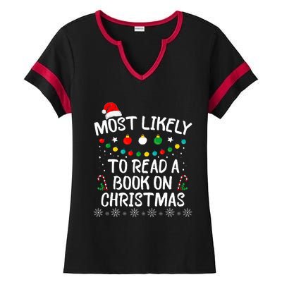 Most Likely To Read A Book On Christmas Book Lover Xmas  Ladies Halftime Notch Neck Tee