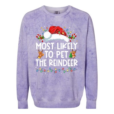 Most Likely To Pet The Reindeer Funny Christmas Colorblast Crewneck Sweatshirt